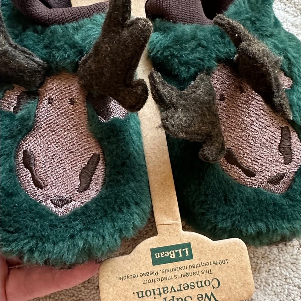 NWT L.L. Bean Toddler Animal Paws Slippers Maine Moose Green Brown  Size 9-10